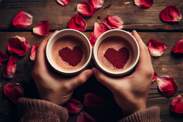 Two hands gently holding heart-shaped coffee cups, surrounded by scattered rose petals on a rustic wooden table. Ai generative.