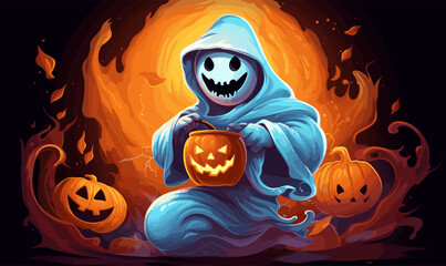 cool Halloween ghost drinking coffee, cartoon colorful pumpkin character illustration