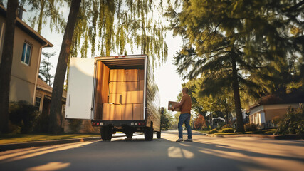A mover loads a box into a truck, set against a suburban backdrop, illustrating the hustle of moving day. Ideal for banners promoting moving services, showcasing professional relocation assistance