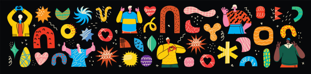 Set of abstract retro geometric doodle shapes vector, people. Collection of contemporary Vector illustrations and design elements perfect for banner, print, stickers in cartoon 80s-90s style.
