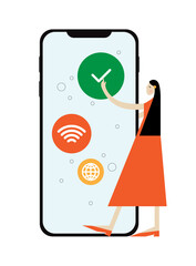 Illustration of the woman with the smartphone with online banking icons