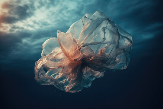 Ethereal plastic bag floating against a moody sky. Generative AI image
