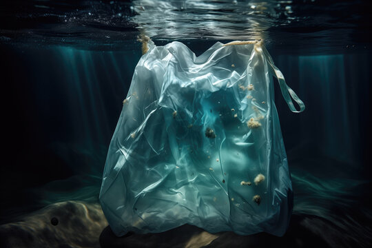 Plastic bag pollution under the sea. Generative AI image