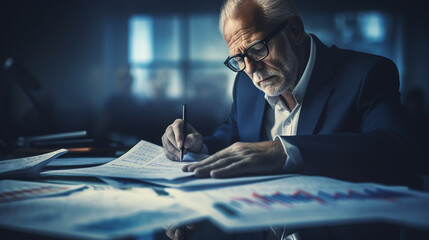 Typing auditor, computer and elderly man in studio, working and isolated on a dark background mockup. - obrazy, fototapety, plakaty