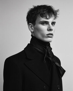 Monochrome portrait of a young model in stylish attire. Generative AI image