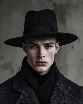 Stylish man in a classic fedora and wool coat. Generative AI image
