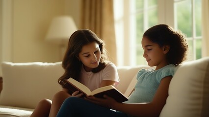 two girls friends an African American and a European woman sitting on a white sofa reading a book in a room near the window