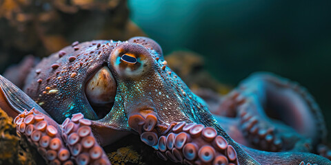 Generative AI illustration of detailed shot of an octopus resting on rock showcasing its unique textured skin and suction cup lined tentacles