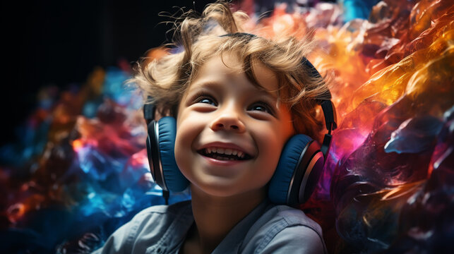 Cute little girl listening to music in headphones on bright background.