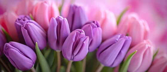 Fototapeta premium Beautiful close up bouquet of lilac tulips close up banner background for women's holidays with copy space.