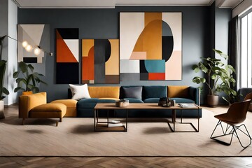 the principles of Suprematism into a modern living room design involves creating a space dominated by abstract geometric shapes and bold, colorful elements.    