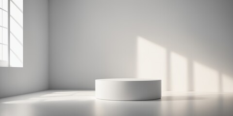 Abstract white round stand for product presentation on white background, empty room with shadows on podium, blurred background for product display