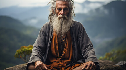 Full length of man meditating while sitting on rock - obrazy, fototapety, plakaty