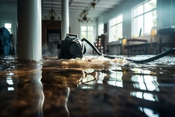 Cleaning flooded room: deep water, mop, water damage, rain, snowmelt, pipe burst, selective focus on cable. Generative AI