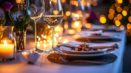elegant dining table with soft candlelight, beautifully plated dishes, restaurants, special Valentine's Day dinner events. - obrazy, fototapety, plakaty
