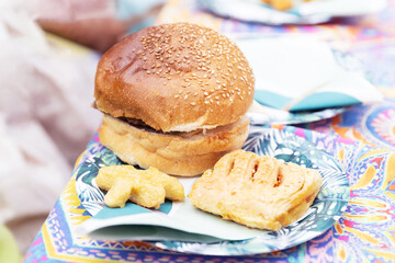  Burger served on paper plate at birthday outdoor party.