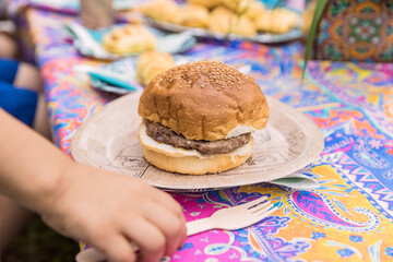  Burger served on paper plate at birthday outdoor party.