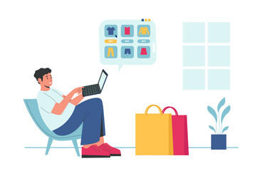 Online shopping. Man sitting with laptop and choosing clothes in shop. Guy buying goods in internet. Male character