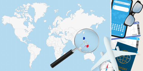 Philippines is magnified over a World Map, illustration with airplane, passport, boarding pass, compass and eyeglasses.