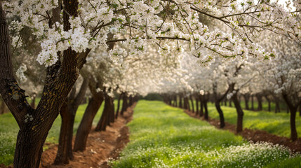A sprawling landscape of a mulberry grove in full spring bloom, the delicate white blossoms covering the branches like a soft blanket. The sight of the blossoming trees creates a p