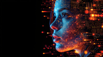 Captivating image a close up woman's face sci fi style.  Futuristic  artwork. The intricate details, and utilize soft lighting. A woman's attractive gaze. Black background.