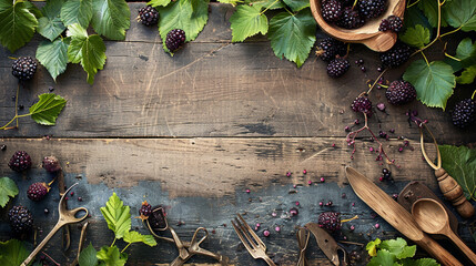 A rustic garden scene featuring a weathered wooden table adorned with freshly picked mulberries, a scattering of leaves, and vintage utensils. The composition captures the rustic c