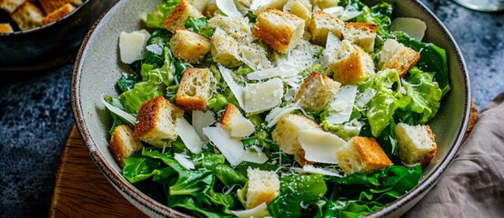 Indulge in a vibrant garden salad topped with crispy croutons, savory cheese, and hearty tofu, perfect for a refreshing and satisfying vegetarian meal indoors