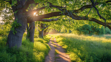 A peaceful countryside scene with a winding path leading under the sprawling branches of a mature mulberry tree. The dappled sunlight filtering through the leaves creates a charmin
