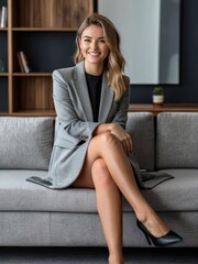 attractive smiling business woman in grey blazer sitting confidently on a grey sofa