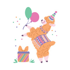 Naklejka premium Cute alpaca on birthday, cartoon style vector illustration isolated on white