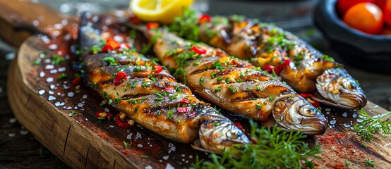 Fototapeta premium An appetizing display of various fish delicacies, including smoked tinapa and fried ikan bakar, complemented by zesty lemon and fresh fruits, all set upon a rustic wooden surface