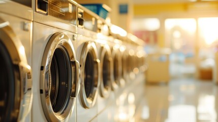Row of industrial washing machines in public laundromat