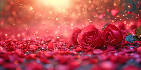 Vibrant red roses and petals with romantic bokeh lighting, AI generated.