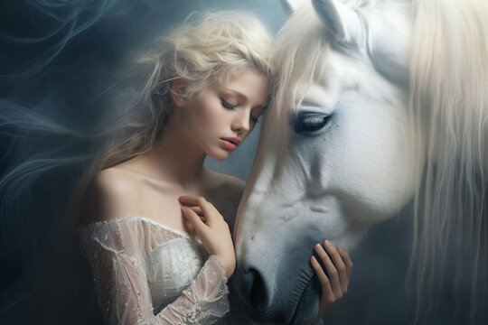 woman and white horse. Generative AI