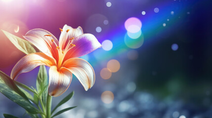 An elegant lily flower in full bloom with luminous bokeh lights creating a vibrant and magical background.