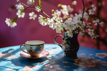 Flowers in vase and cup of coffee, spring composition, magenta background. For banner, flayer, poster, card with copy space