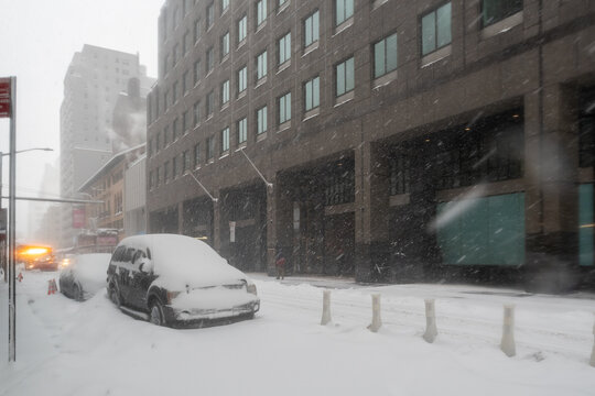 Snow storm on East Coast, New York City. Manhattan During Nor'easter Blizzard