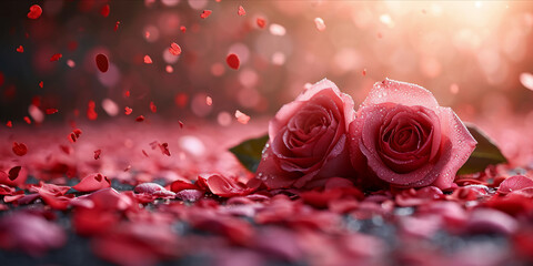 Tender pink roses and petals with soft bokeh, expressing romance and love, AI generated.