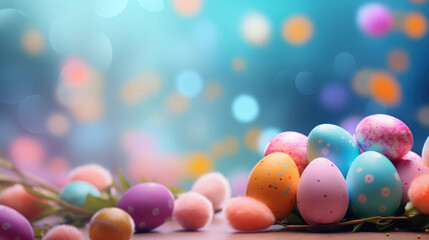 Fototapeta na wymiar Soft pastel colored Easter eggs adorned with dots and patterns, presented with gentle bokeh lighting.