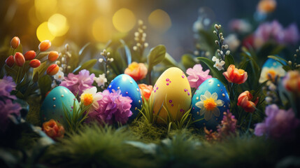 Obraz na płótnie Canvas Decorated Easter eggs nestled in vibrant spring flowers and lush greenery, depicting the freshness of spring.