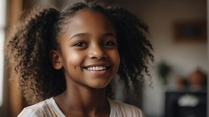 Happy young black african girl at home looking at the camera from Generative AI