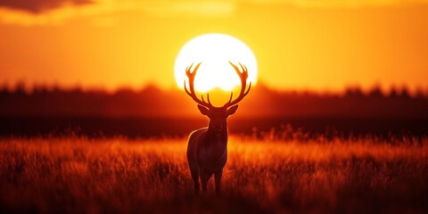 Majestic Deer Silhouette with Sun-Crowned Antlers at Sunset Field