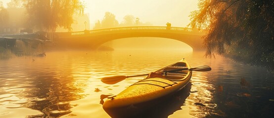 Amidst the tranquil fog, a lone canoe glides along the river, its paddle slicing through the still waters as the sun rises over the majestic bridge in the background