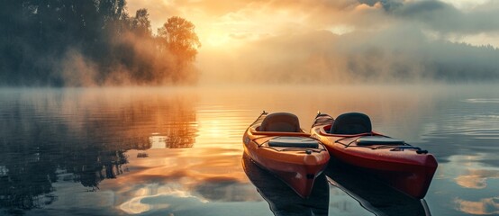 Two kayaks glide peacefully across the serene lake, their reflections mirrored in the still waters as the morning fog gently lifts to reveal a breathtaking sunrise - obrazy, fototapety, plakaty