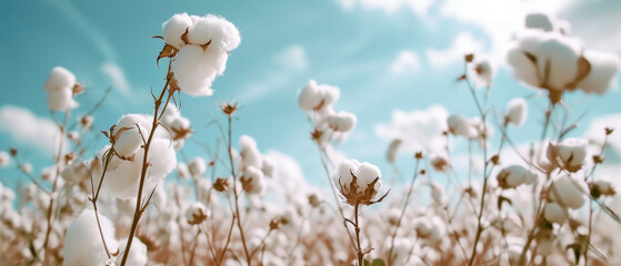 Fototapeta premium Cotton blooms bask under a cerulean sky, their soft white tufts painting a tranquil sea in the gentle embrace of sunlight