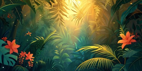 Fototapeta na wymiar Enchanted Golden Jungle Tales - Whimsical Illustrated Fantasy Forest
