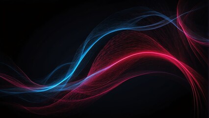 Curly wave made of red and blue neon bright light dots on plain black background from Generative AI