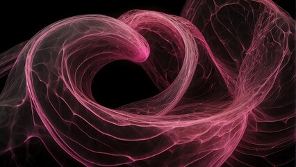 Curly wave made of pink neon bright light dots on plain black background from Generative AI