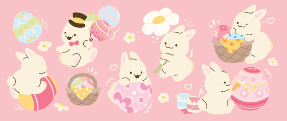 Obraz premium Cute rabbit and easter element vector set. Hand drawn fluffy rabbit, easter egg, flower, carrot, balloon. Collection of doodle bunny and adorable design for decorative, card, kids, sticker, easter.