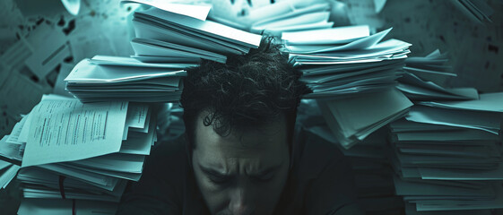 Overwhelmed by towering piles of paperwork, a man finds himself engulfed in the tangible stress of a relentless workload - obrazy, fototapety, plakaty